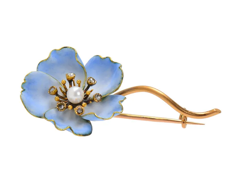 French Art Nouveau Blue Flower Brooch