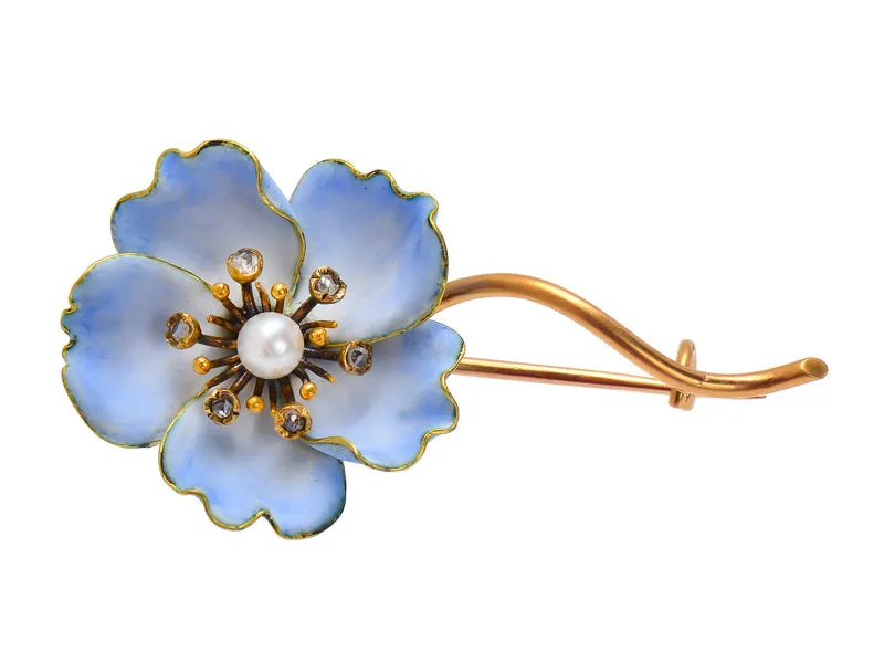 French Art Nouveau Blue Flower Brooch