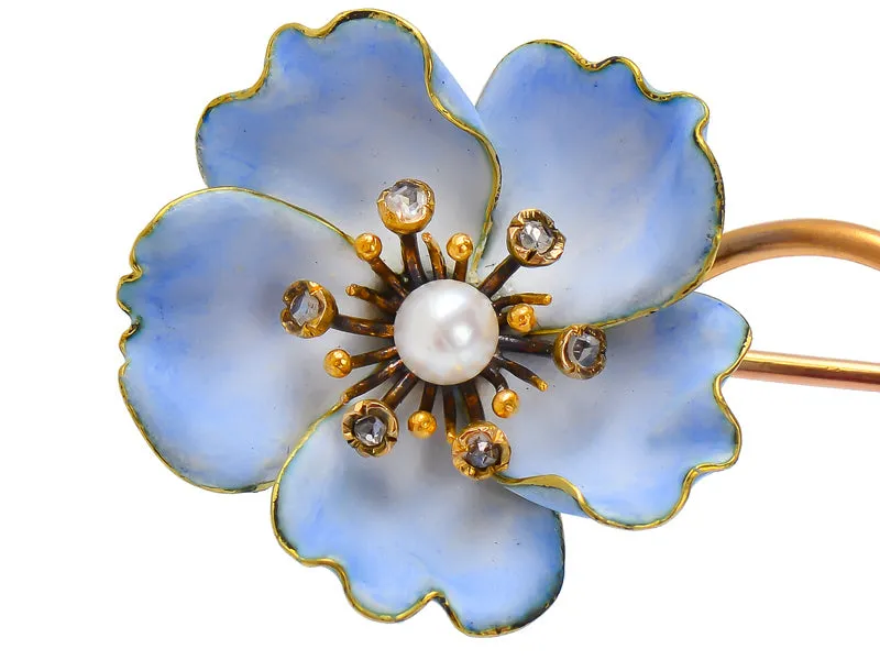 French Art Nouveau Blue Flower Brooch