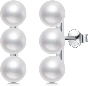 Freshwater Cultured Pearl Stud Earrings, Three White Freshwater Pearls Earring Triple Pearls Stud Earring Birthday Wedding Gift for Women