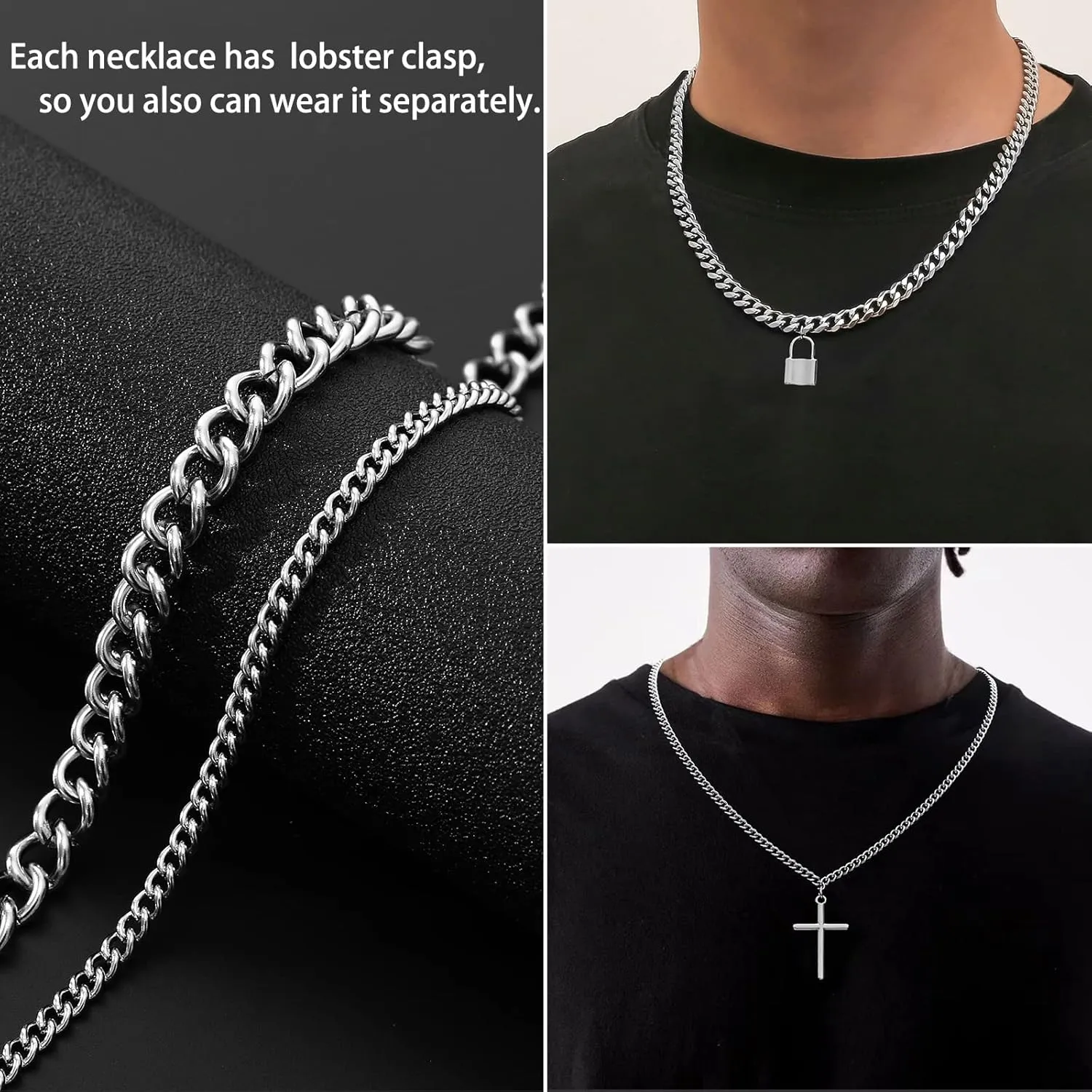 FUNEIA Silver Layered Stainless Steel Cross Necklace for Men Cuban Link Chain Box Chain Rope Chain Choker Necklace Bling CZ Cubic Zirconia Diamond Cross Black Cross Nail Cross Pendant Necklace Jewelry