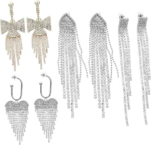 GALPADA 4pairs Sparkly Rhinestone Dangle Earrings for Women of Long Tassel Chandelier Earrings Elegant Statement Jewelry for Parties and Special Occasions