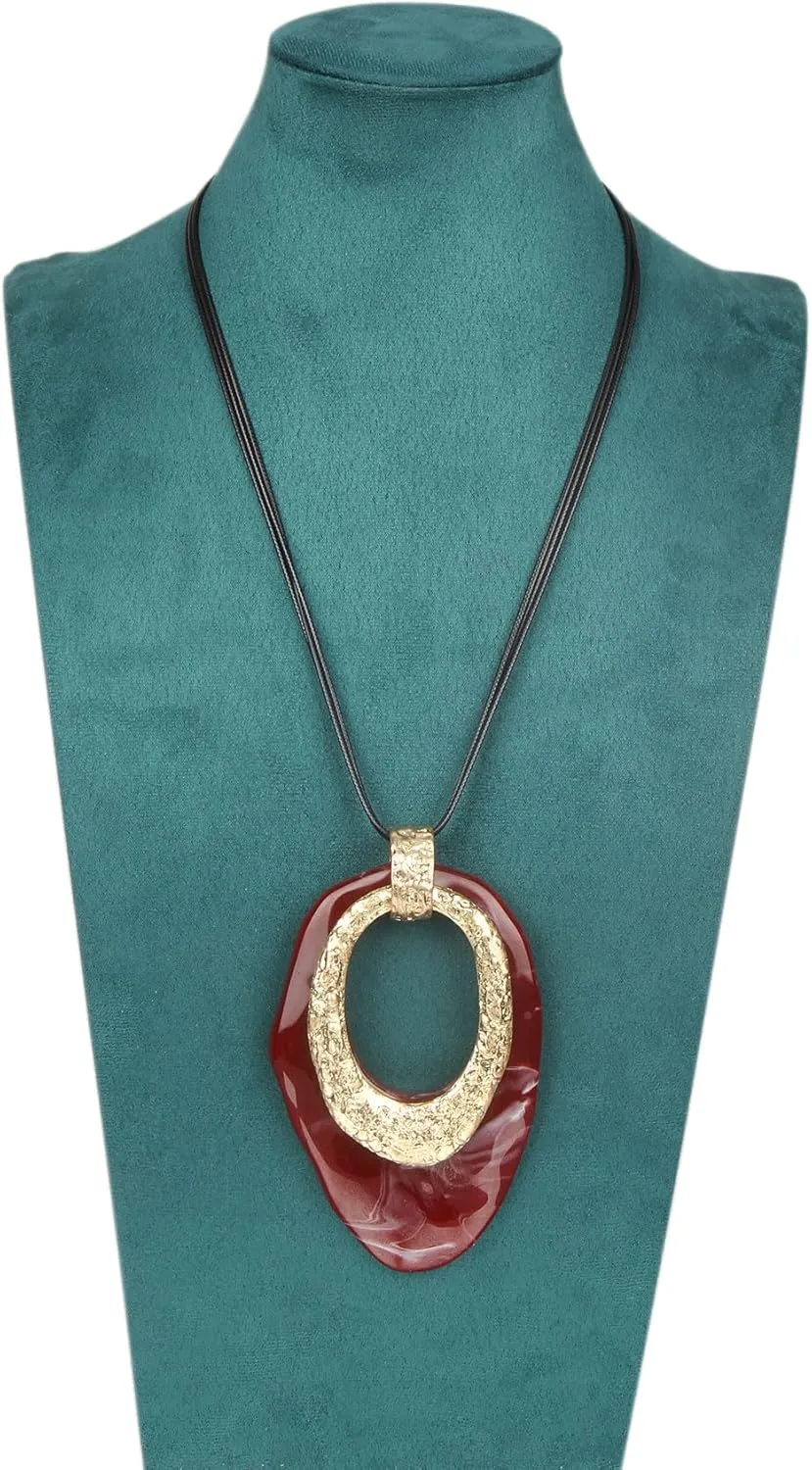 GelConnie Leather Necklace for Women Large Pendant Long Brown Necklace Circle Leather Choker Vintage Sweater Necklace Gold Chunky Boho Necklaces for Women
