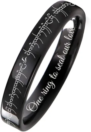 Gemini Flat Black Titanium Couple Single Ring Custom Engraved Matching Band for Him and Her, Elvish Design Wedding Band, Personalized Gift for Anniversary, Engagement, Promise Ring