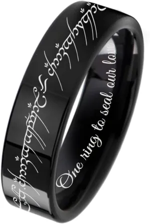 Gemini Flat Black Titanium Couple Single Ring Custom Engraved Matching Band for Him and Her, Elvish Design Wedding Band, Personalized Gift for Anniversary, Engagement, Promise Ring