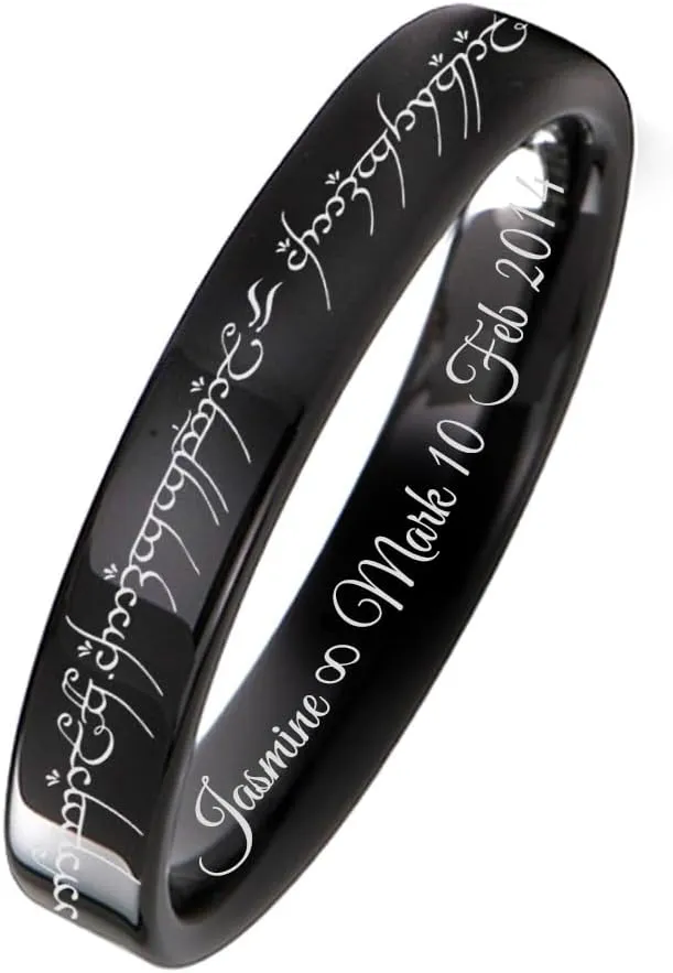 Gemini Flat Black Titanium Couple Single Ring Custom Engraved Matching Band for Him and Her, Elvish Design Wedding Band, Personalized Gift for Anniversary, Engagement, Promise Ring