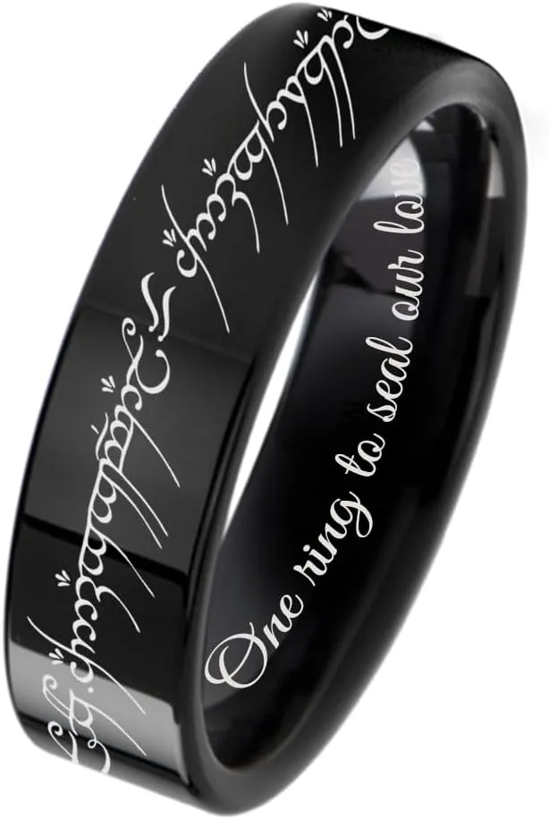 Gemini Flat Black Titanium Couple Single Ring Custom Engraved Matching Band for Him and Her, Elvish Design Wedding Band, Personalized Gift for Anniversary, Engagement, Promise Ring