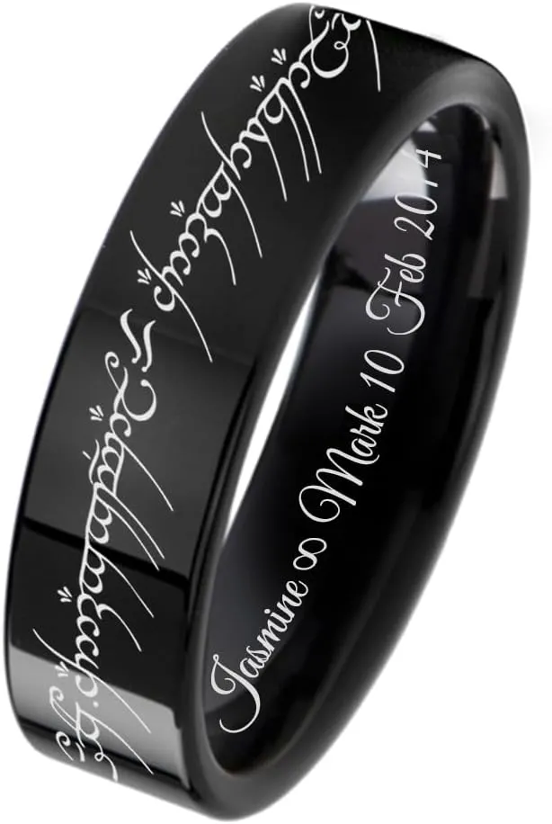 Gemini Flat Black Titanium Couple Single Ring Custom Engraved Matching Band for Him and Her, Elvish Design Wedding Band, Personalized Gift for Anniversary, Engagement, Promise Ring