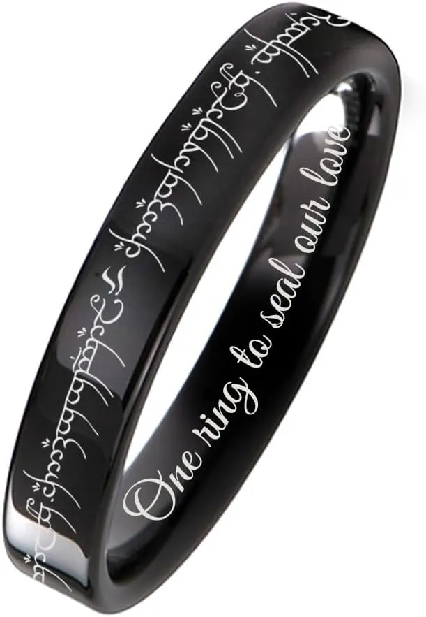 Gemini Flat Black Titanium Couple Single Ring Custom Engraved Matching Band for Him and Her, Elvish Design Wedding Band, Personalized Gift for Anniversary, Engagement, Promise Ring
