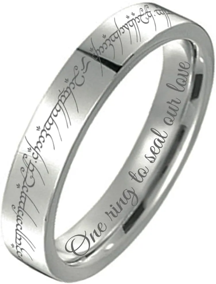 Gemini Flat Silver Titanium Couple Single Ring Custom Engraved Matching Band for Him and Her, Elvish Design Wedding Band, Personalized Gift for Anniversary, Engagement, Promise Ring