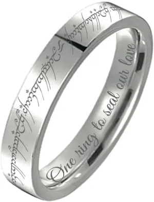 Gemini Flat Silver Titanium Couple Single Ring Custom Engraved Matching Band for Him and Her, Elvish Design Wedding Band, Personalized Gift for Anniversary, Engagement, Promise Ring