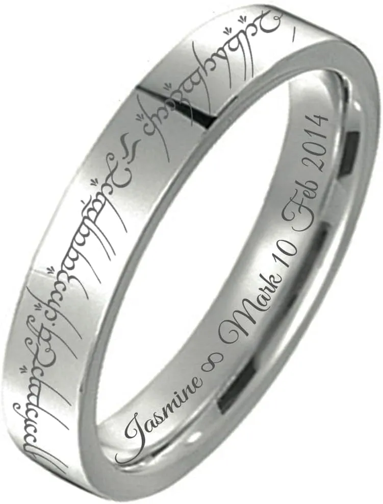 Gemini Flat Silver Titanium Couple Single Ring Custom Engraved Matching Band for Him and Her, Elvish Design Wedding Band, Personalized Gift for Anniversary, Engagement, Promise Ring