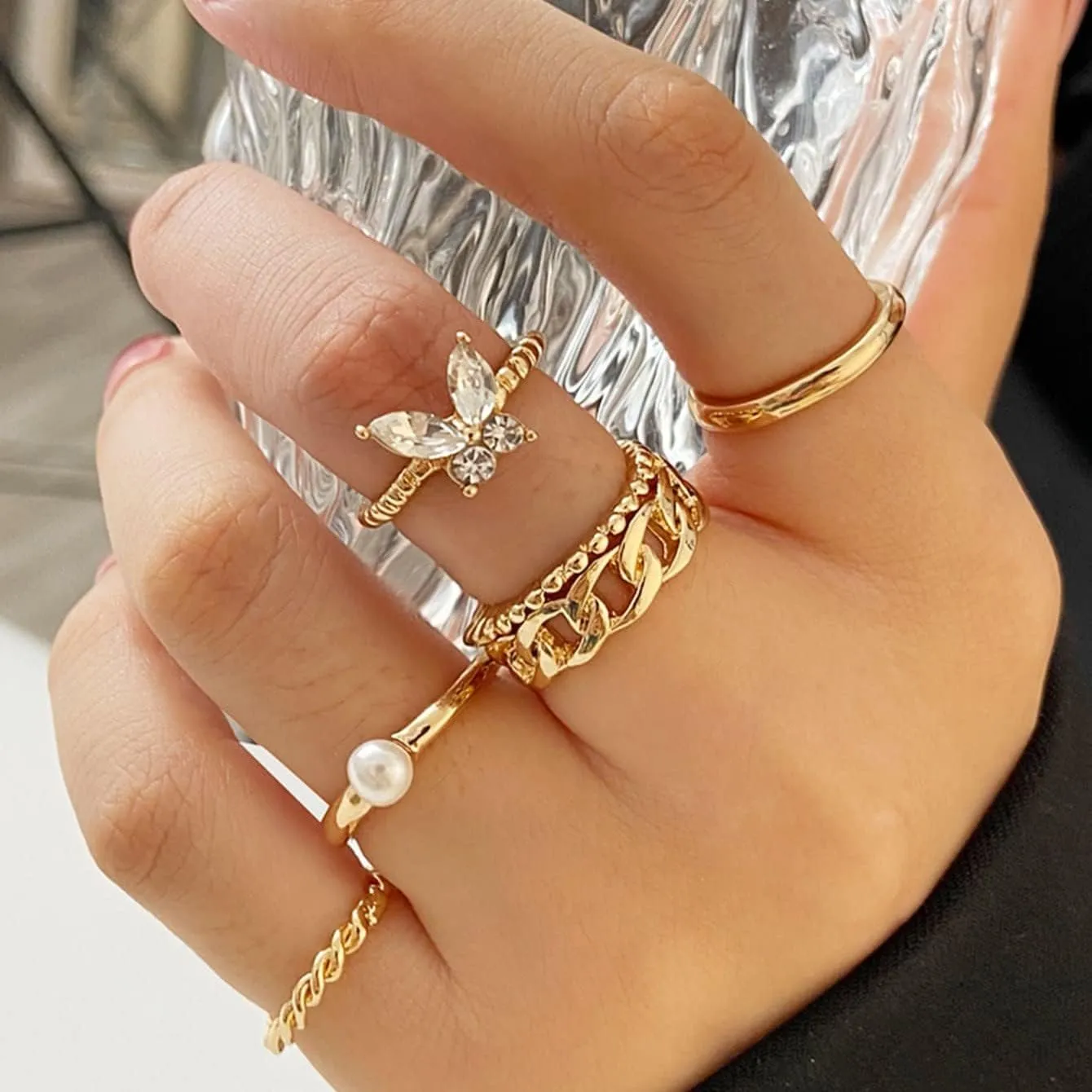 GIGB PBDK 14k Gold Stackable Rings Sets for Women Cute Cubic Zirconia Finger Rings Dainty Moon Star Kunckle Nail Ring Sets Trendey Boho Jewelry Gifts
