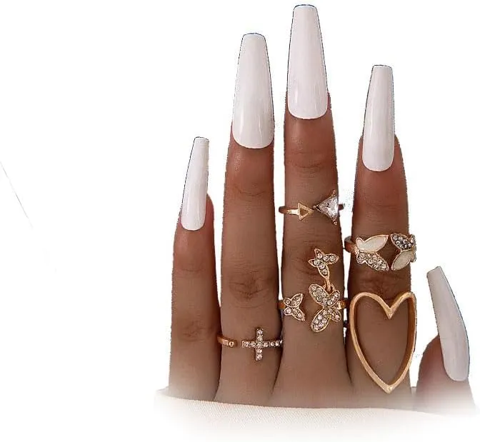 GIGB PBDK Boho Gold Crystal Ring Set for Women Vintage Dainty Stacking Knuckle Finger Rings Set Cute Lightweight Butterfly Heart Ring Jewelry