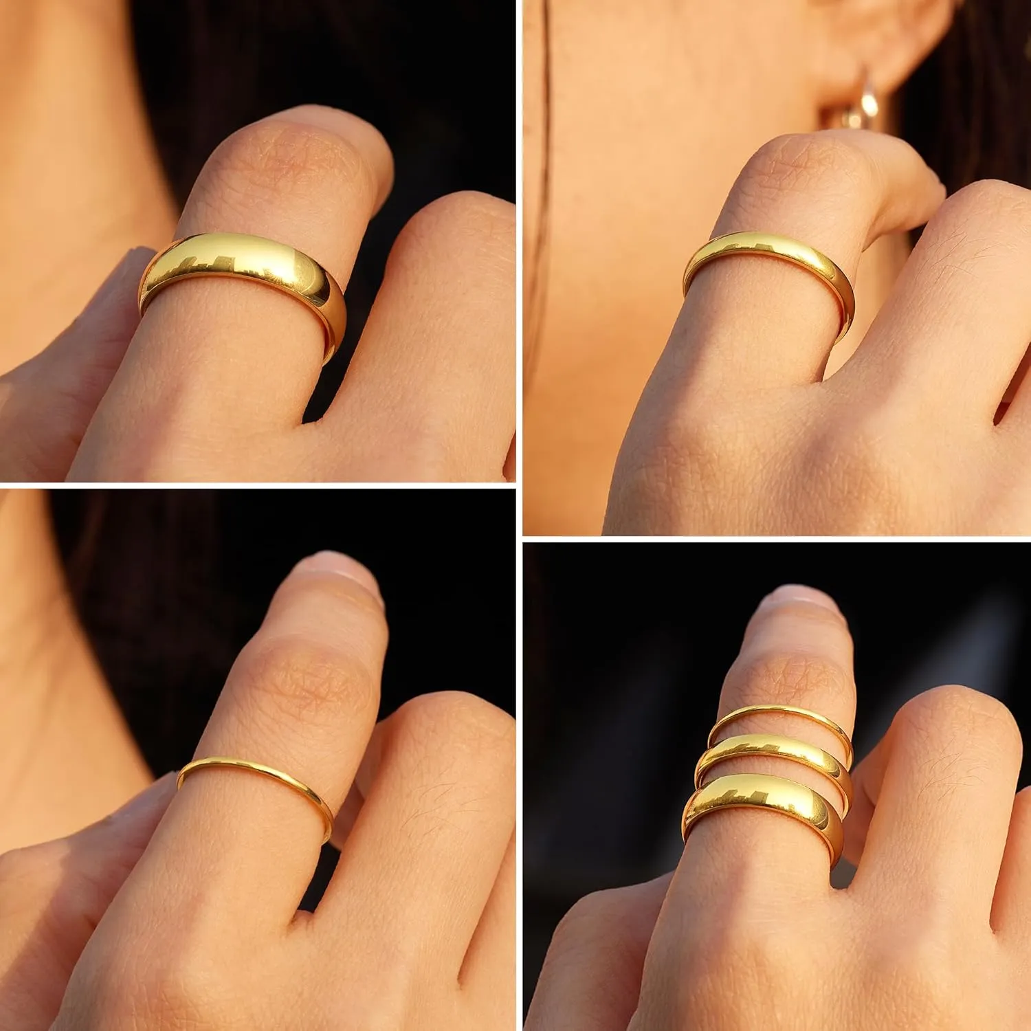 Gold Band Rings for Women Non Tarnish, 14K Gold Plated Rings Set for Wedding Statement, Stackable Simple Thumb Pinky Bands Comfort Fit 3Pcs 1mm 3mm 5mm for Jewelry Gift