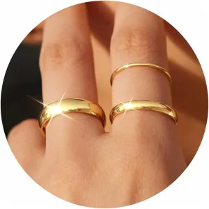Gold Band Rings for Women Non Tarnish, 14K Gold Plated Rings Set for Wedding Statement, Stackable Simple Thumb Pinky Bands Comfort Fit 3Pcs 1mm 3mm 5mm for Jewelry Gift