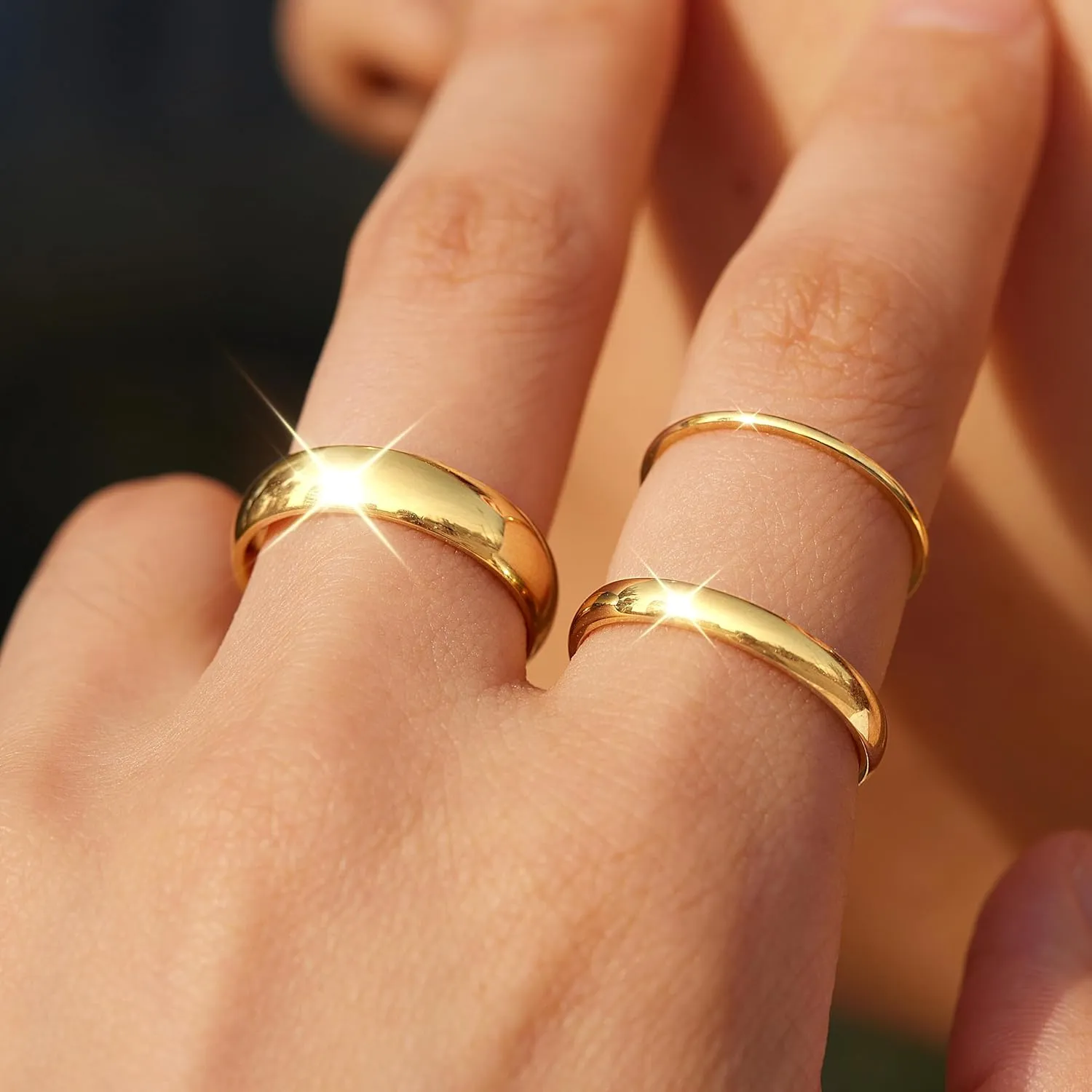Gold Band Rings for Women Non Tarnish, 14K Gold Plated Rings Set for Wedding Statement, Stackable Simple Thumb Pinky Bands Comfort Fit 3Pcs 1mm 3mm 5mm for Jewelry Gift
