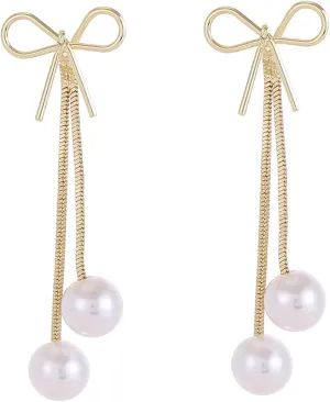 Gold Bow Long Tassel Chain Dangle Drop Earrings With Pearl Bowknot - Statement Jewelry Gift for Women
