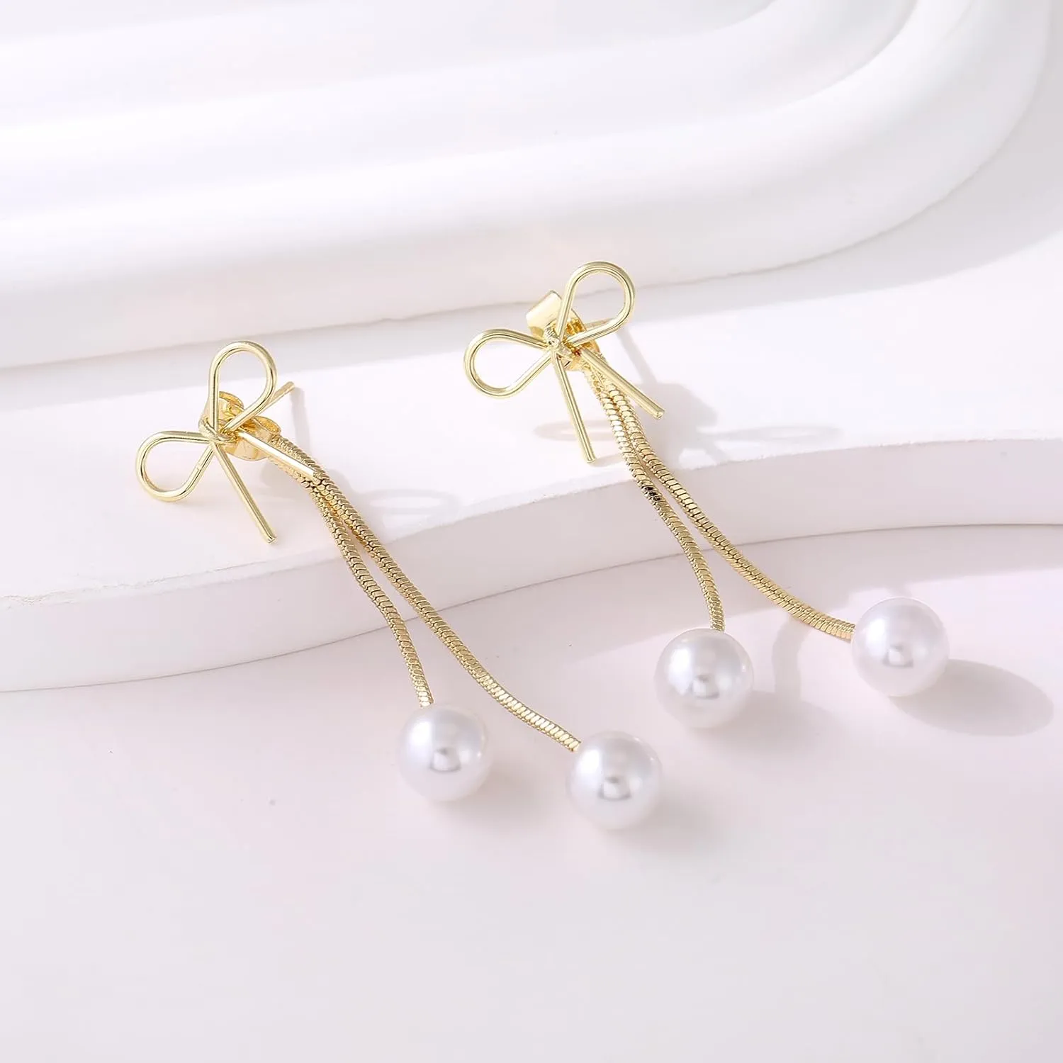 Gold Bow Long Tassel Chain Dangle Drop Earrings With Pearl Bowknot - Statement Jewelry Gift for Women