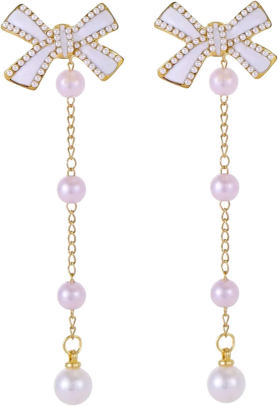 Gold Bow Long Tassel Chain Dangle Drop Earrings With Pearl Bowknot - Statement Jewelry Gift for Women