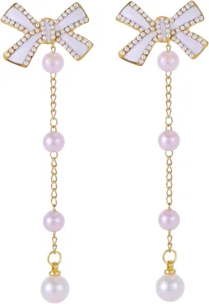 Gold Bow Long Tassel Chain Dangle Drop Earrings With Pearl Bowknot - Statement Jewelry Gift for Women