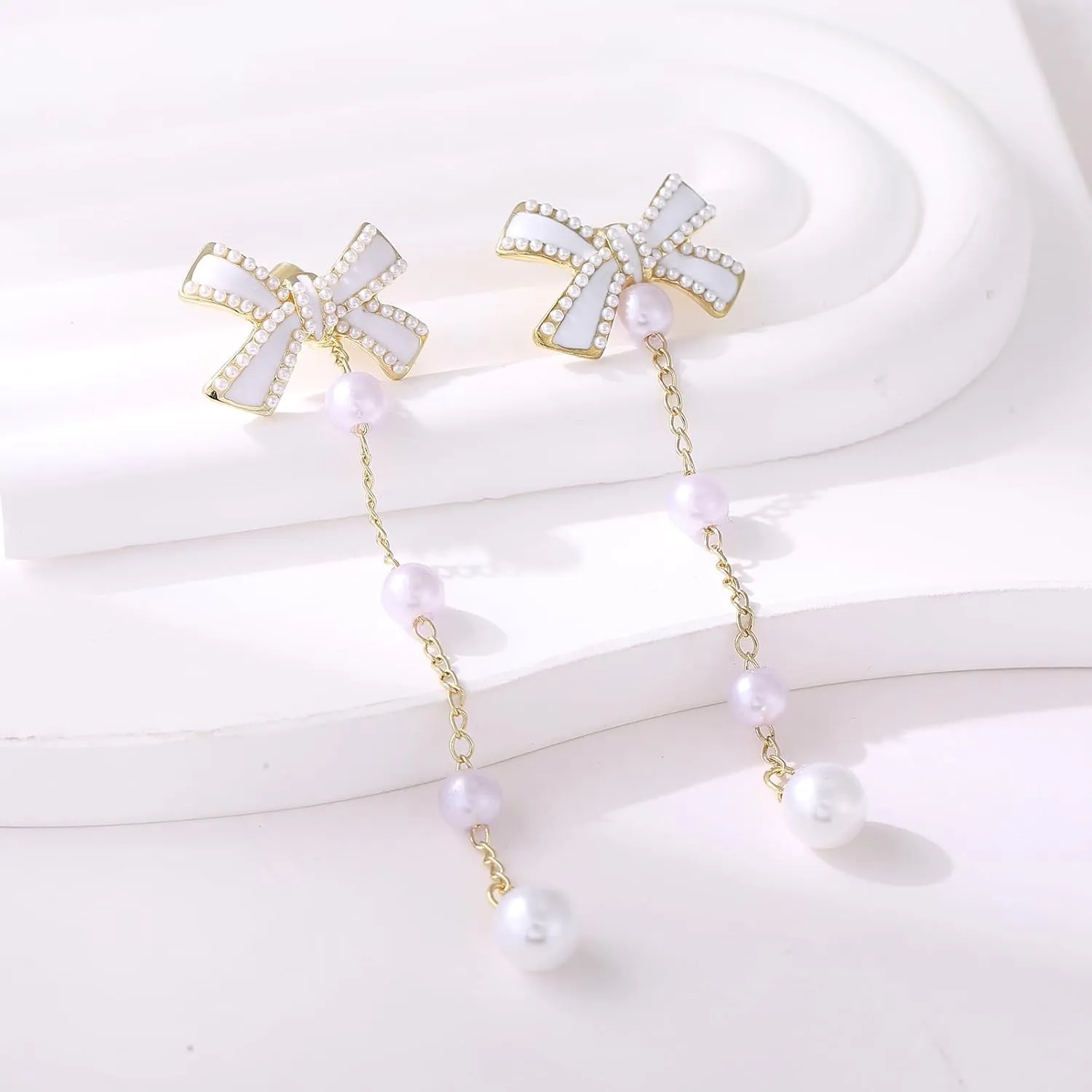 Gold Bow Long Tassel Chain Dangle Drop Earrings With Pearl Bowknot - Statement Jewelry Gift for Women
