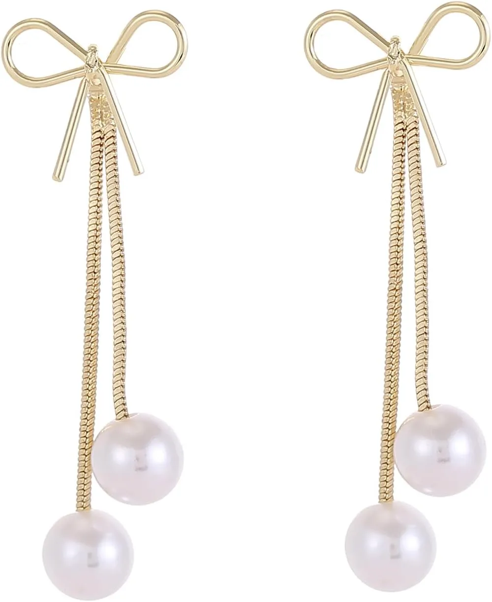 Gold Bow Long Tassel Chain Dangle Drop Earrings With Pearl Bowknot - Statement Jewelry Gift for Women