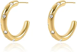Gold Cubic Zirconia Hoop Earrings for Women 14K Gold Plated Thin Hoop Earrings Sparkly CZ Simple C Shaped Tube Open Hoop Statement Earrings Lightweight Trendy Summer Beach Jewelry Gift for Women