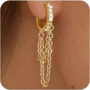 Gold Hoop Earrings for Women Tassel Chain Huggie Earrings and Sterling Silver Drop Dangle Hypoallergenic Earrings Cubic Zirconia Small Hoop Earrings Jewelry for Women Gifts