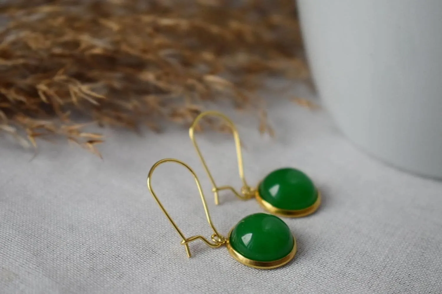 Gold hoop green jade earrings, Green gemstone pendant huggie earrings, Lever back, Green stone hoop earrings, Jade jewelry, Gift for women