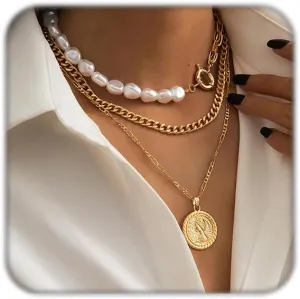 Gold Layered Necklaces for Women Boho Pearl Pendant Necklace Vintage Link Chain Necklace Birthday Party Jewelry
