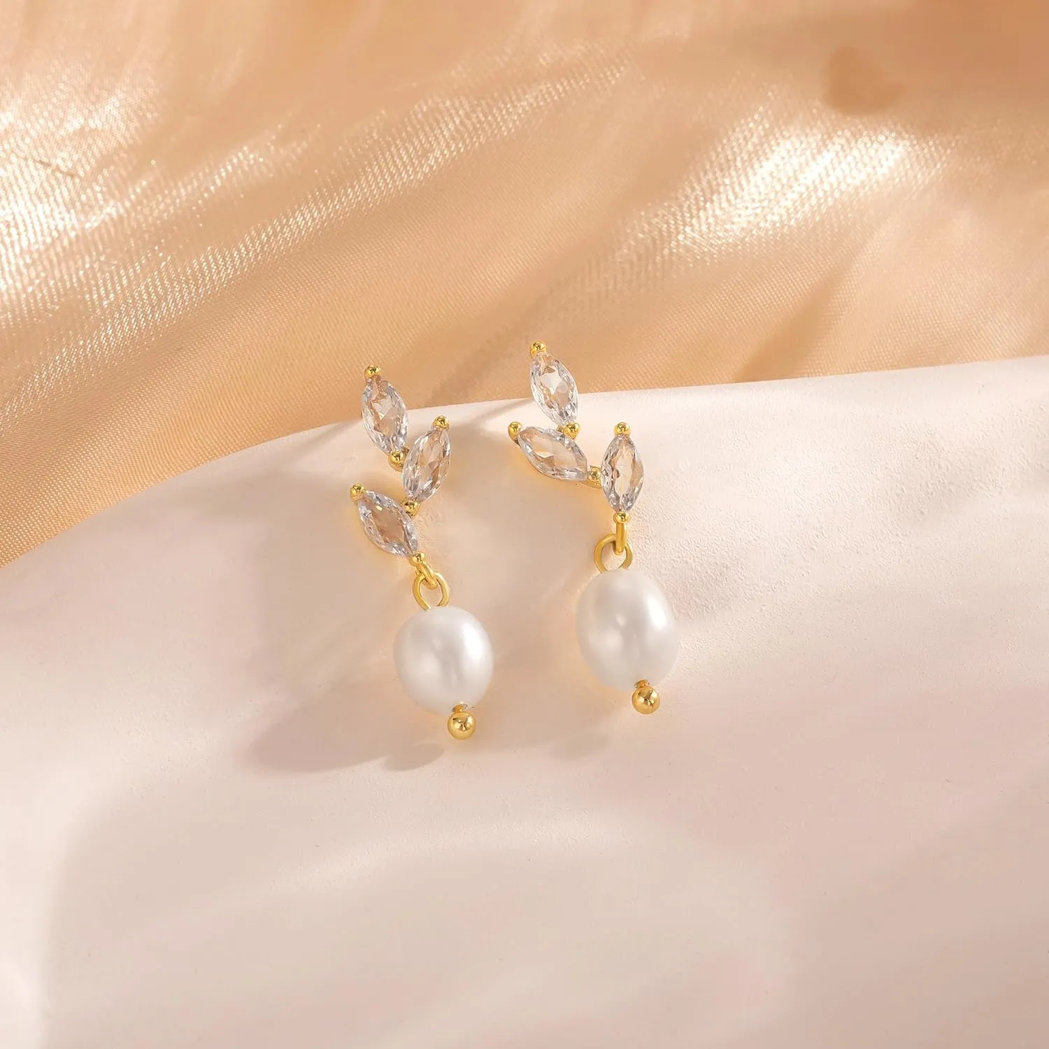 Gold Pearl Earrings for Women - 14K Gold Plated/Silver Dangle Hypoallergenic Lightweight Drop Earrings, Simple Stud Fashion Jewelry Gifts