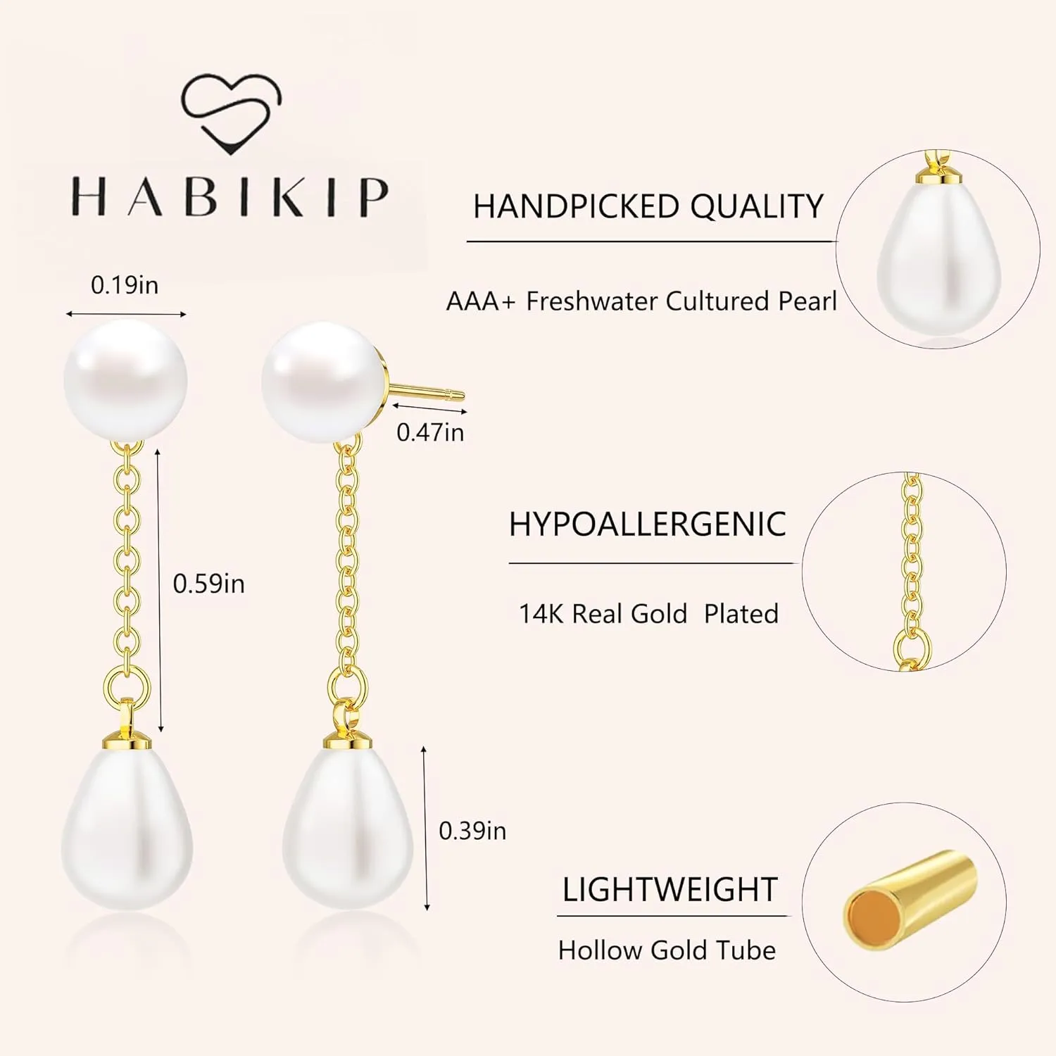 Gold Pearl Earrings for Women - 14K Gold Plated/Silver Dangle Hypoallergenic Lightweight Drop Earrings, Simple Stud Fashion Jewelry Gifts