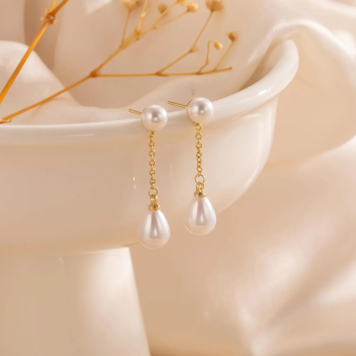 Gold Pearl Earrings for Women - 14K Gold Plated/Silver Dangle Hypoallergenic Lightweight Drop Earrings, Simple Stud Fashion Jewelry Gifts