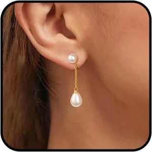 Gold Pearl Earrings for Women - 14K Gold Plated/Silver Dangle Hypoallergenic Lightweight Drop Earrings, Simple Stud Fashion Jewelry Gifts