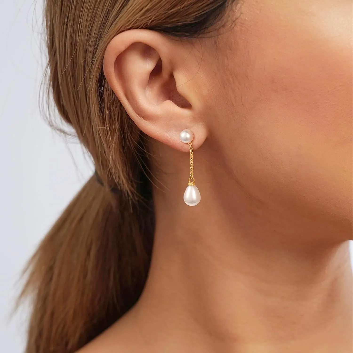 Gold Pearl Earrings for Women - 14K Gold Plated/Silver Dangle Hypoallergenic Lightweight Drop Earrings, Simple Stud Fashion Jewelry Gifts