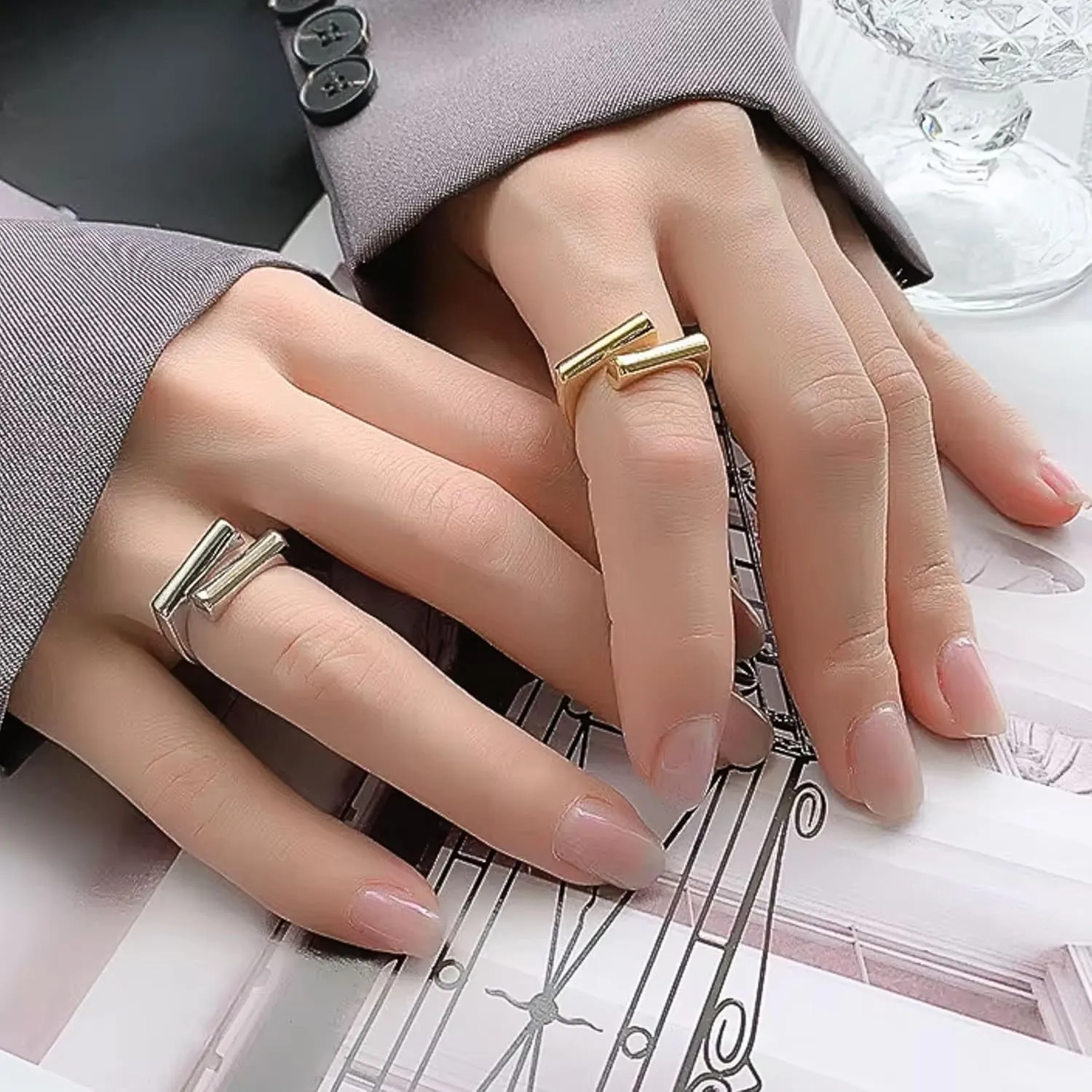 Gold-Plated 925 Sterling Silver Rings for Women, Adjustable, Hypoallergenic Jewelry, Minimalist Cocktail Rings, Bold Bar & Asymmetric Designs, Gift for Birthdays, Mother's Day and Special Occasions