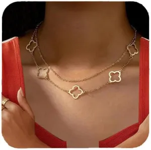 Gold Plated Clover Necklaces for Women Four Leaf, Layered Dainty Hollow Lucky 4 Leaf Choker Statement Necklaces Tiny Cute Pendant Necklace Non Tarnish Birthday Gifts