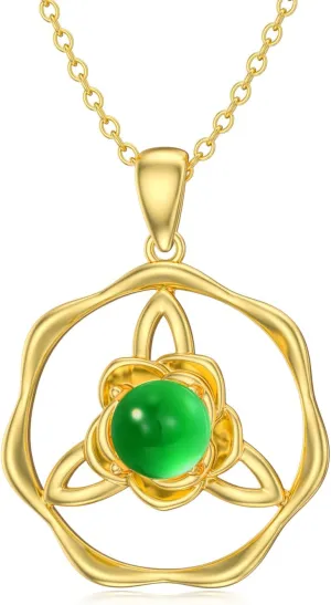 Gold Plated Rose Flower Pendant Necklace 925 Sterling Silver Embellished with Natural Jade Rose Love Jewelry Gifts for Women