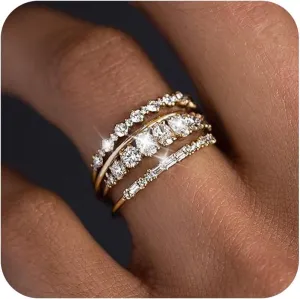Gold Rings for Women Non Tarnish Dainty 14k Gold Plated Cubic Zirconia Rings Exquisite Gold Stacking Rings Set Dainty Gold Stackable Rings Wedding Ring Set Size 7 8 9