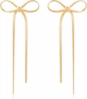Gold Silver Bow Drop Earrings for Women Long Tassel Chain Bow Earrings Ribbon Bowknot Dangle Earrings Jewelry Gifts