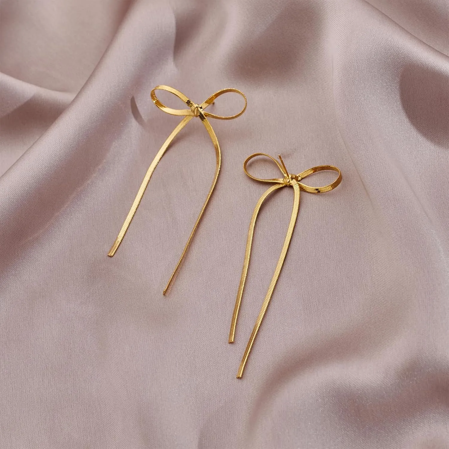 Gold Silver Bow Drop Earrings for Women Long Tassel Chain Bow Earrings Ribbon Bowknot Dangle Earrings Jewelry Gifts