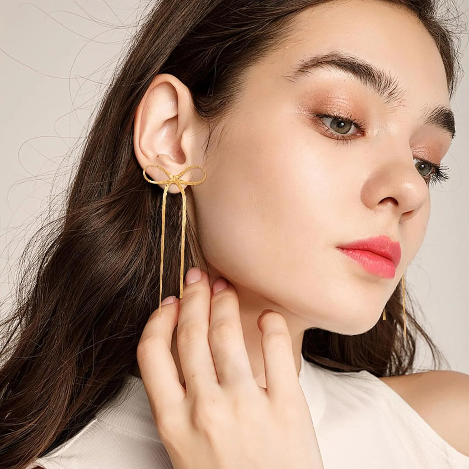 Gold Silver Bow Drop Earrings for Women Long Tassel Chain Bow Earrings Ribbon Bowknot Dangle Earrings Jewelry Gifts