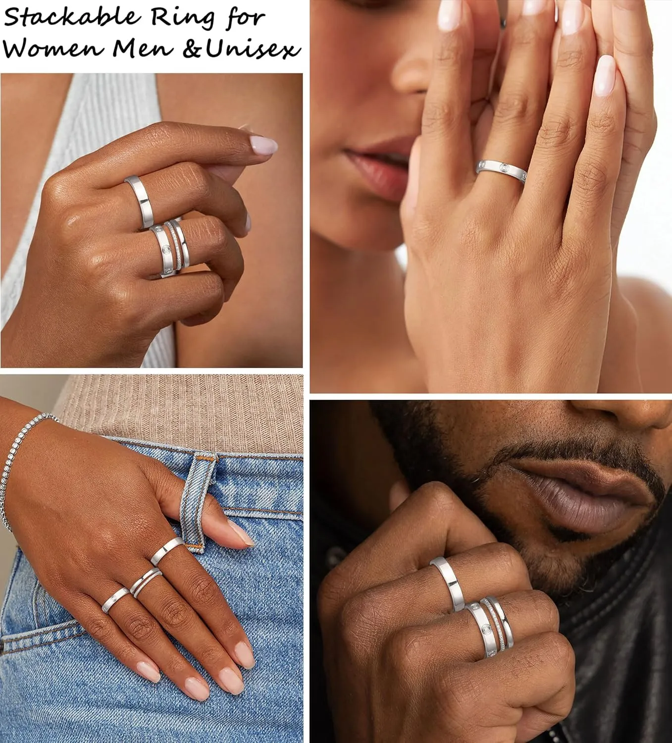 Gold Silver Rings for Women Non Tarnish Stackable Rings Trendy Dainty 18K Gold Plated Stacking Cubic Zirconia Thumb Ring Set Love Friendship Dual Band Rings Promise Wedding Engagement Rings Size 6 7 8 9 10 11