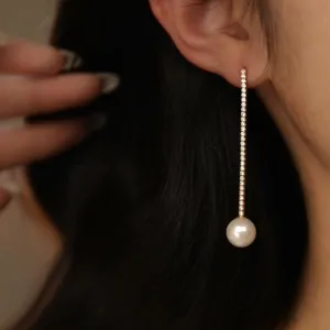 Golden Elegance: S925 Sterling Silver Long Tassel Pearl Stud Earrings - Gold-Plated Minimalist Pearls (silver)