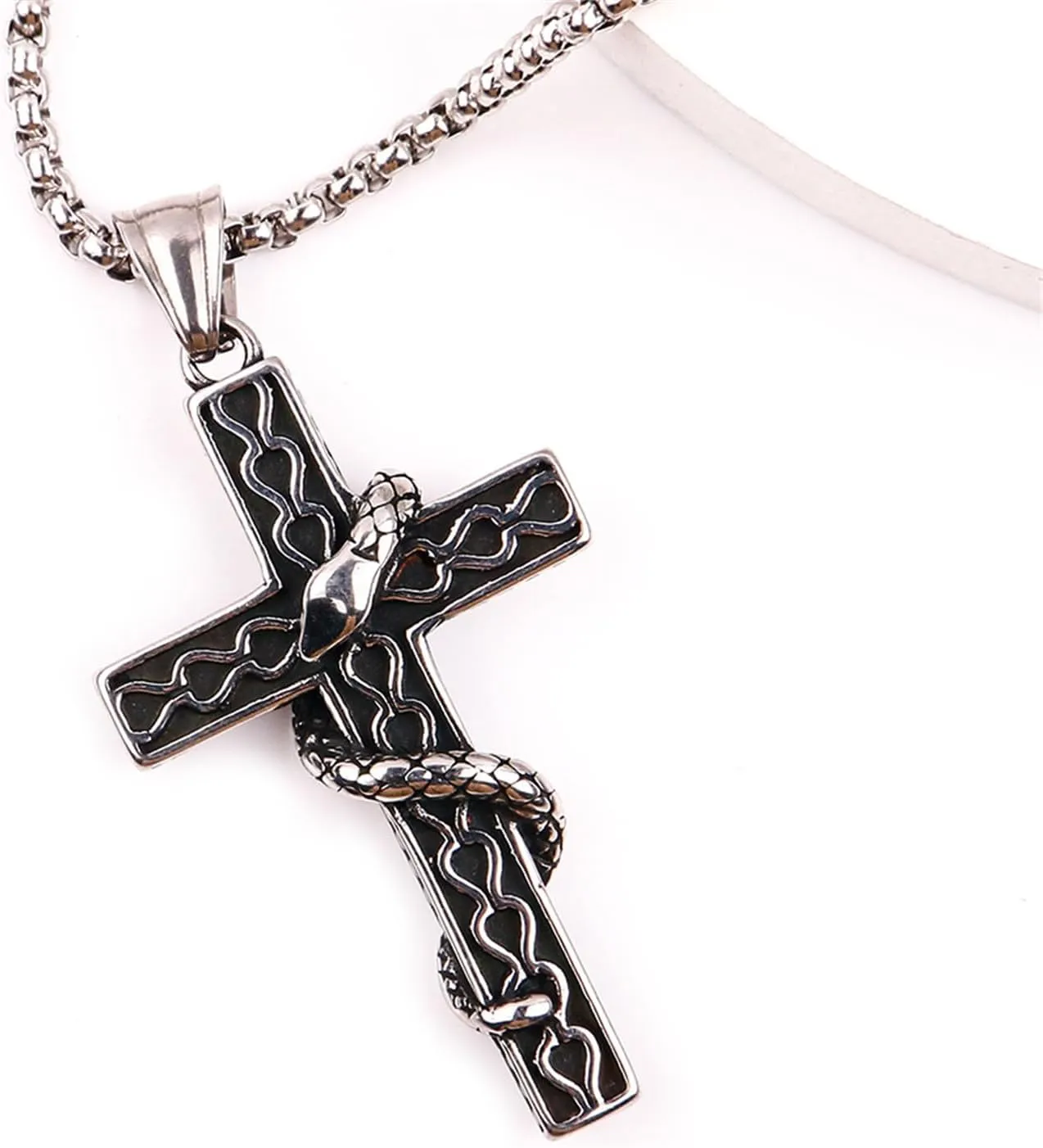 Gothic Cross Necklace Goth Vintage Fire Snake Stainless Steel Chain Pendant Necklace Christmas Halloween Jewelry for Women Men