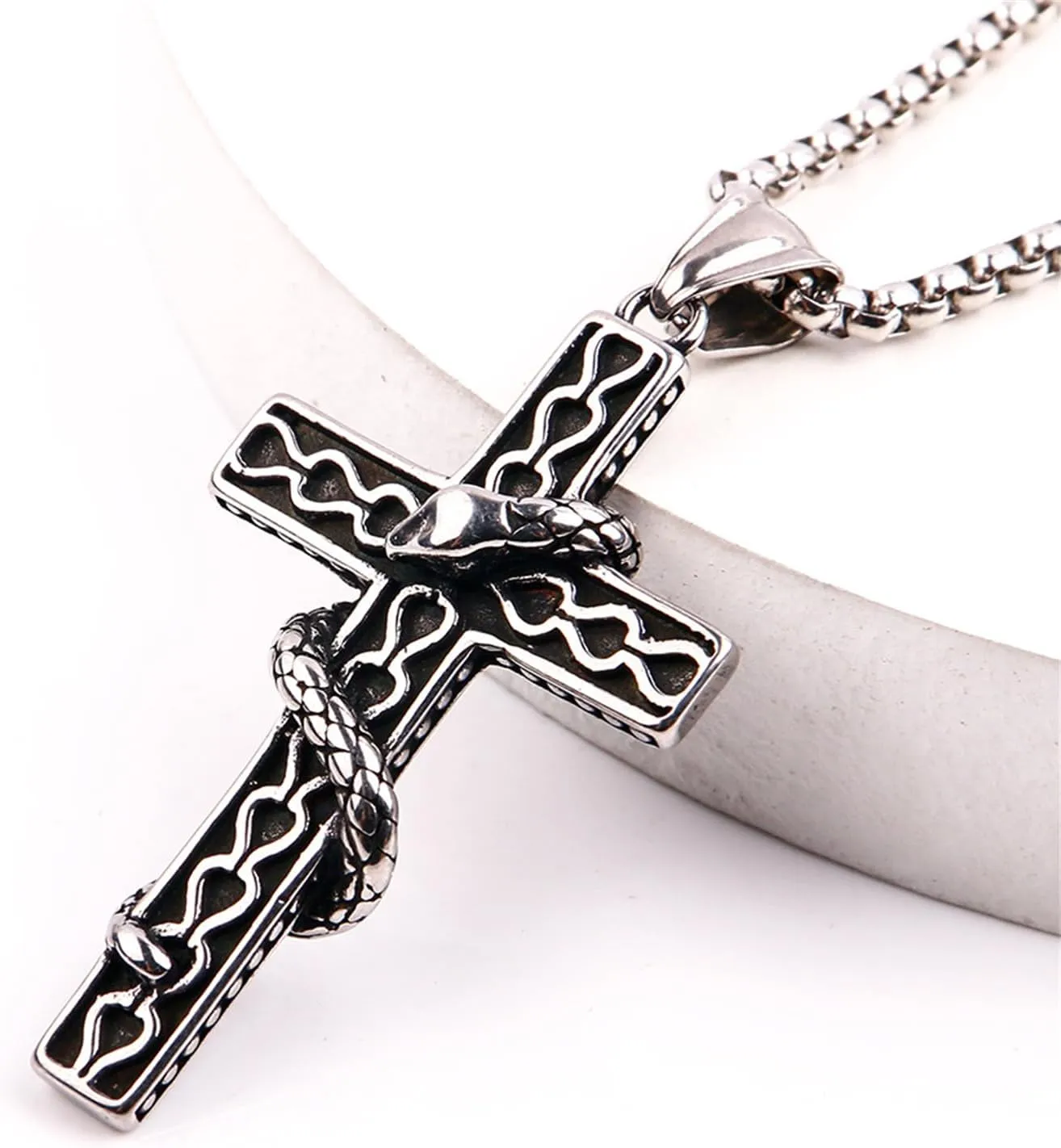 Gothic Cross Necklace Goth Vintage Fire Snake Stainless Steel Chain Pendant Necklace Christmas Halloween Jewelry for Women Men