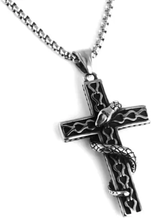 Gothic Cross Necklace Goth Vintage Fire Snake Stainless Steel Chain Pendant Necklace Christmas Halloween Jewelry for Women Men