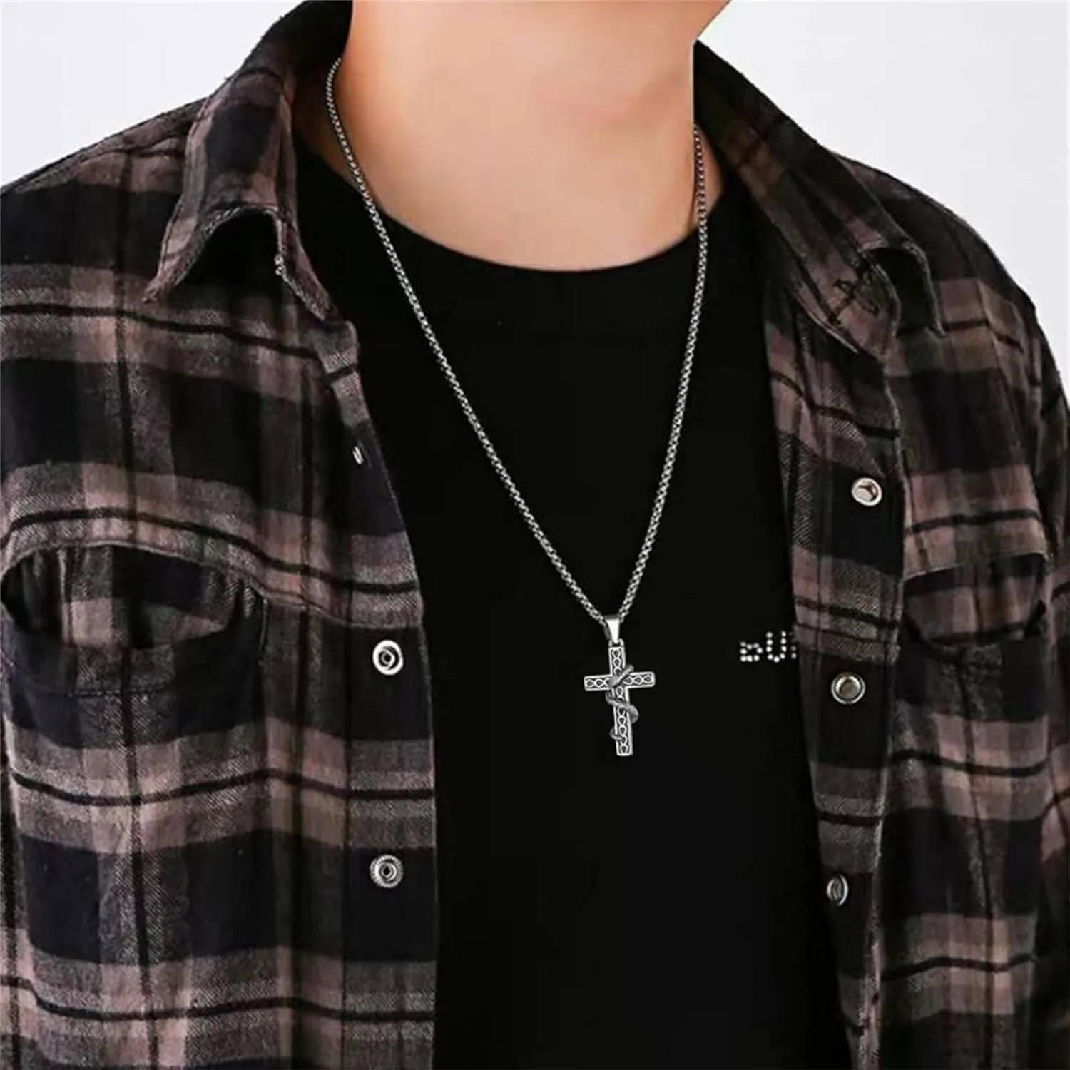 Gothic Cross Necklace Goth Vintage Fire Snake Stainless Steel Chain Pendant Necklace Christmas Halloween Jewelry for Women Men
