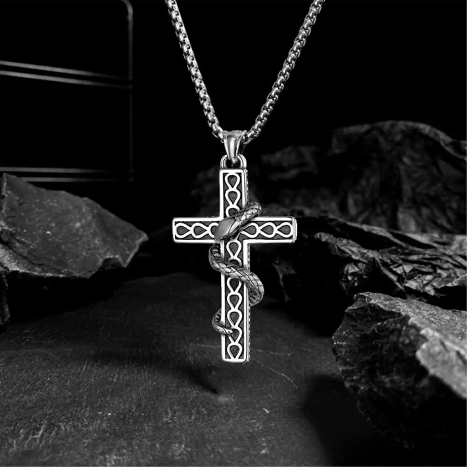 Gothic Cross Necklace Goth Vintage Fire Snake Stainless Steel Chain Pendant Necklace Christmas Halloween Jewelry for Women Men